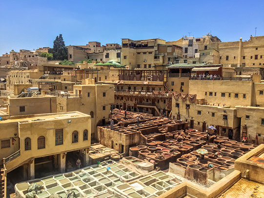A beautiful city view of the tannery pits in Fez, Morocco