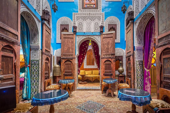 A striking ancient arabic artistic interior of the buildings in Meknes City, Morocco
