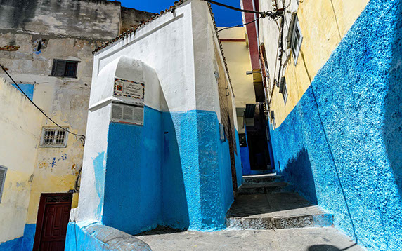 Blue coloured buildings and housing are a common sight in the medina city of Tangier, morocco